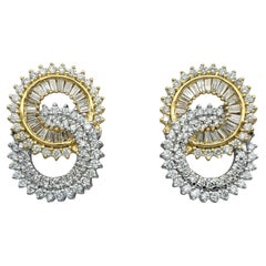Baguette and Round Diamond Interlocking Open Circle Earrings in 18 Karat Gold