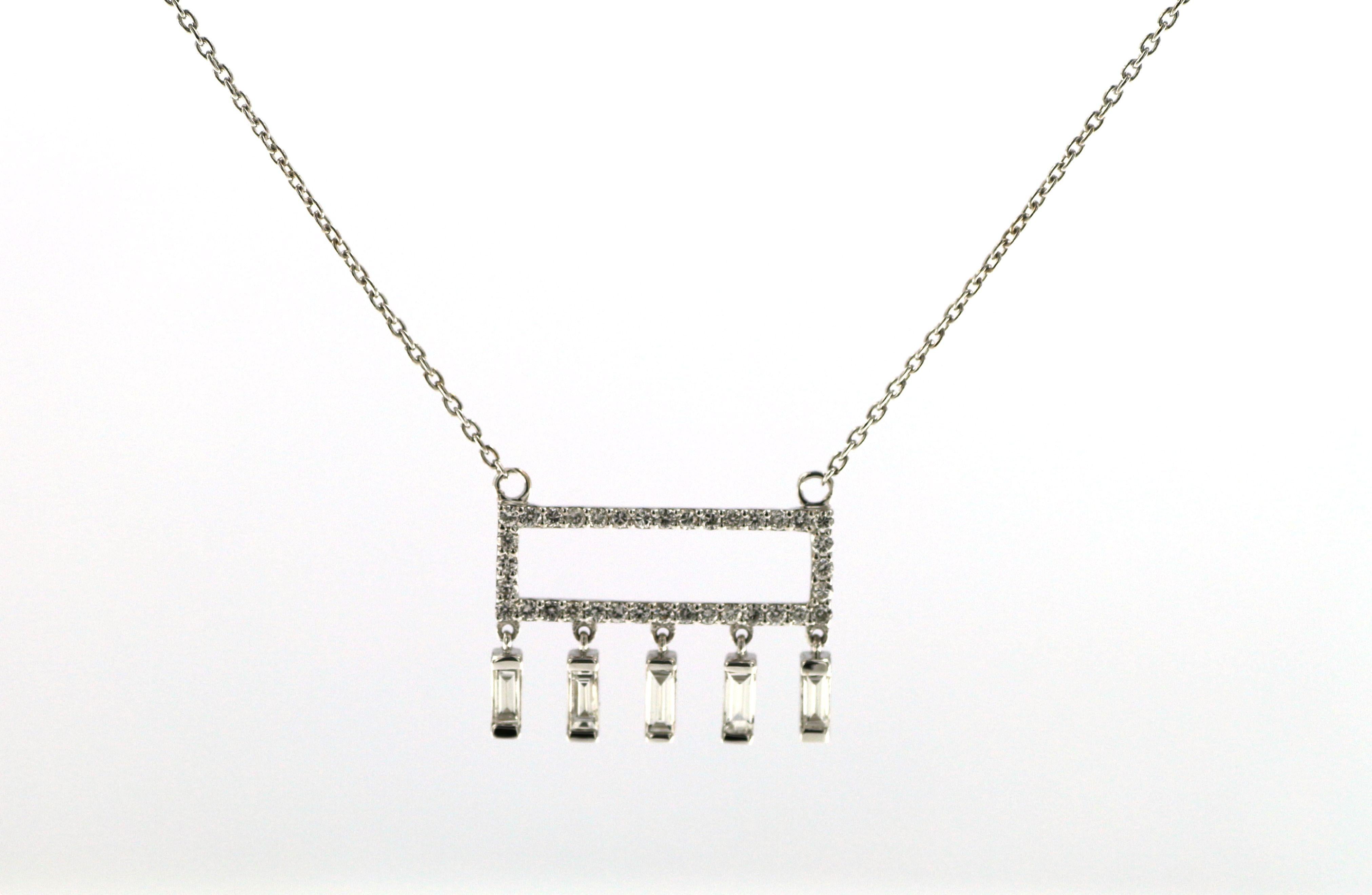 Contemporary Baguette and Round Diamond Necklace in 18K White Gold For Sale