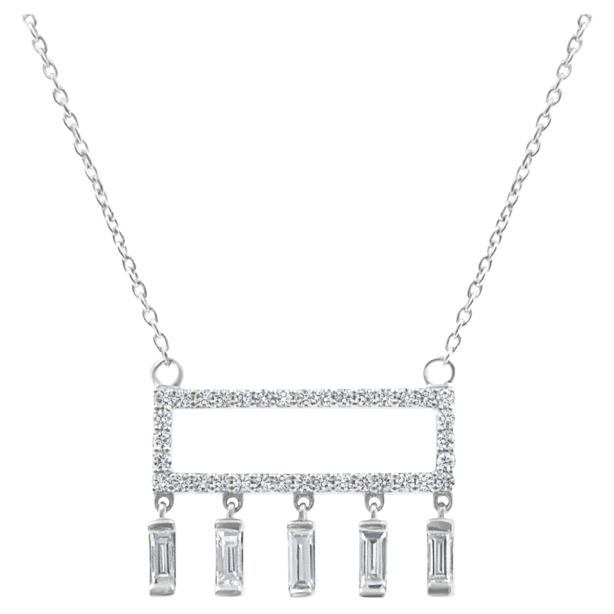 Baguette and Round Diamond Necklace in 18K White Gold For Sale