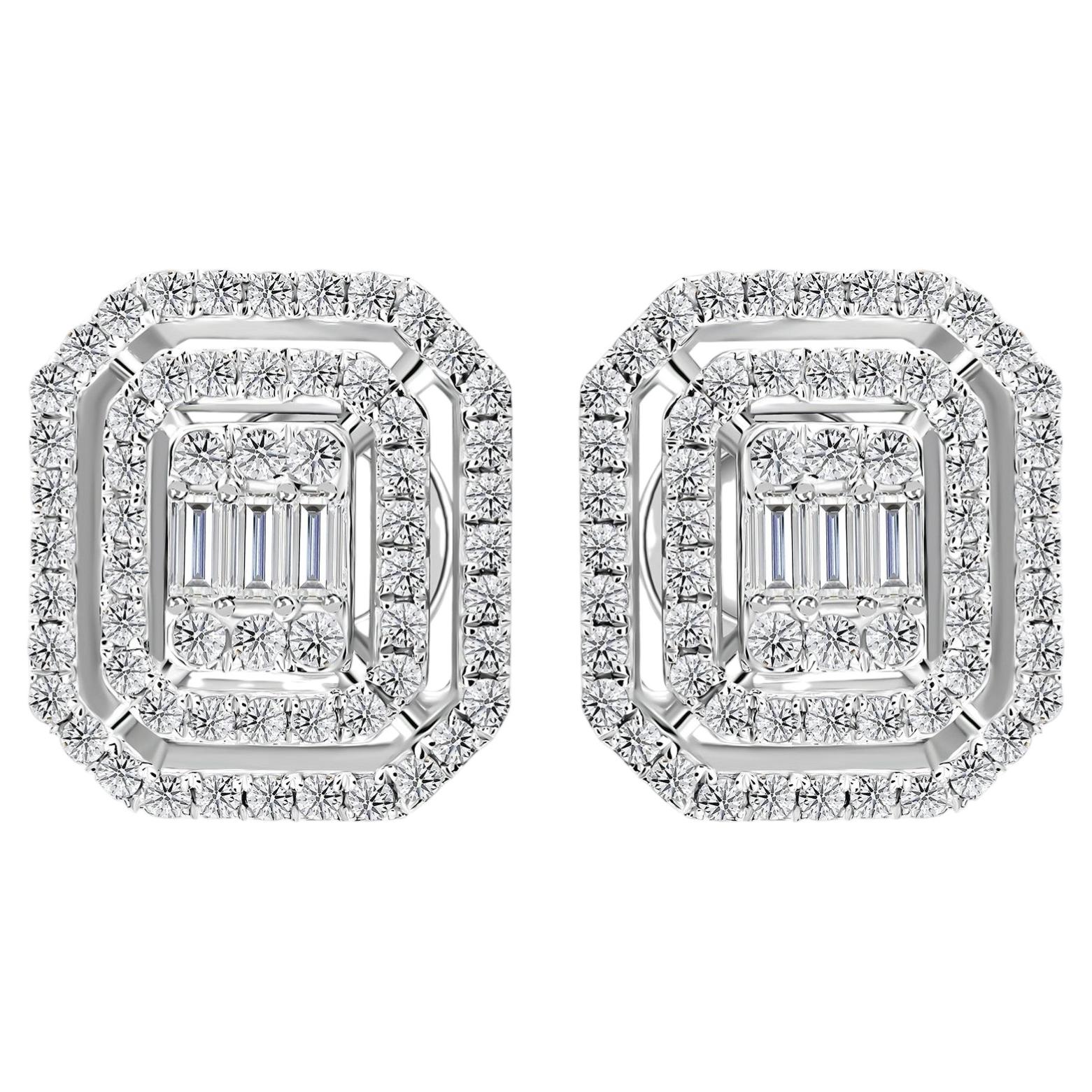 Baguette and Round Diamond Octagonal Cluster Stud Earrings in 14K White Gold