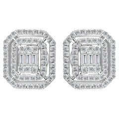 Baguette and Round Diamond Octagonal Cluster Stud Earrings in 14K White Gold