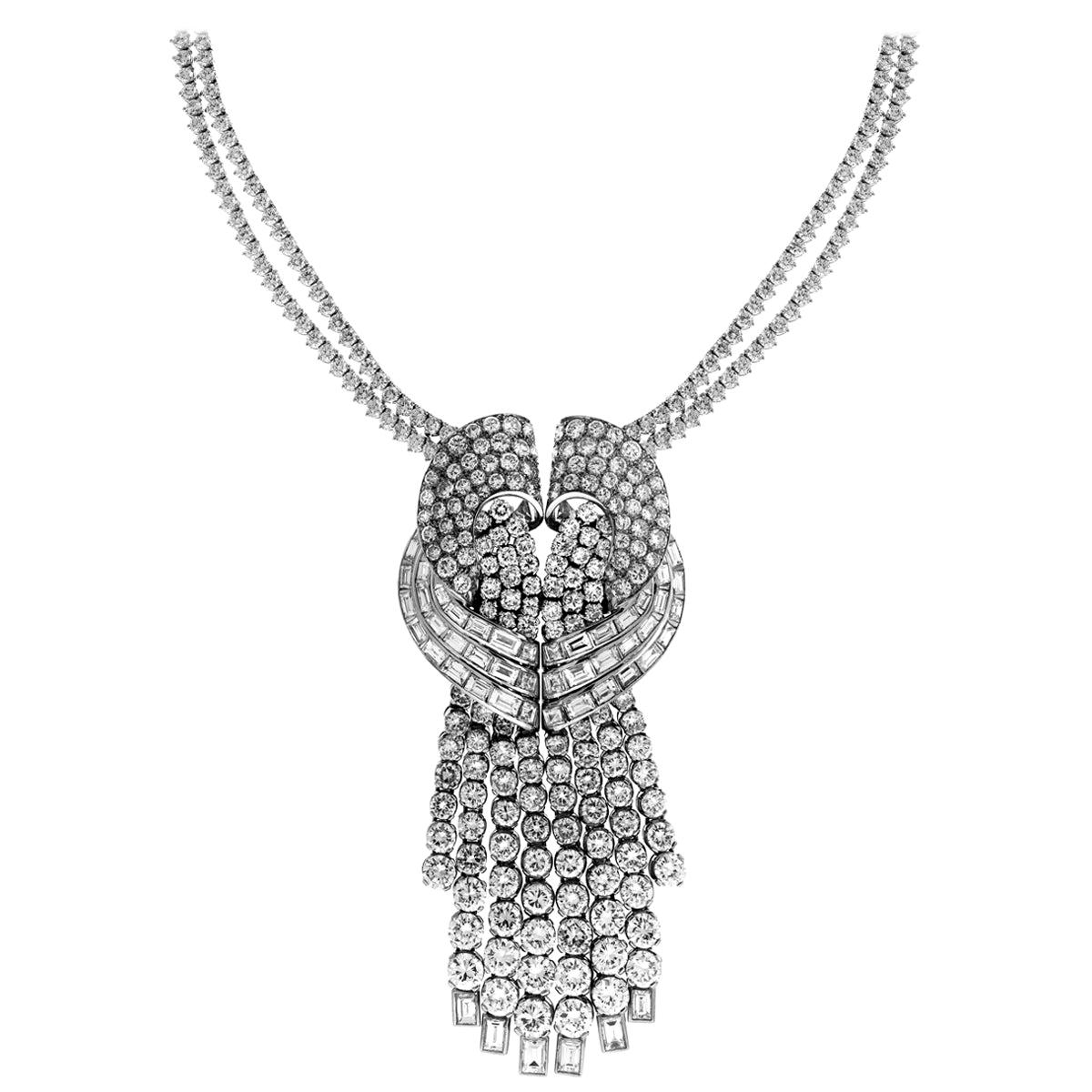 Doppelreihige Tennis-Halskette mit Diamant-Tropfen-Anhänger im Baguetteschliff und runden Diamanten im Angebot
