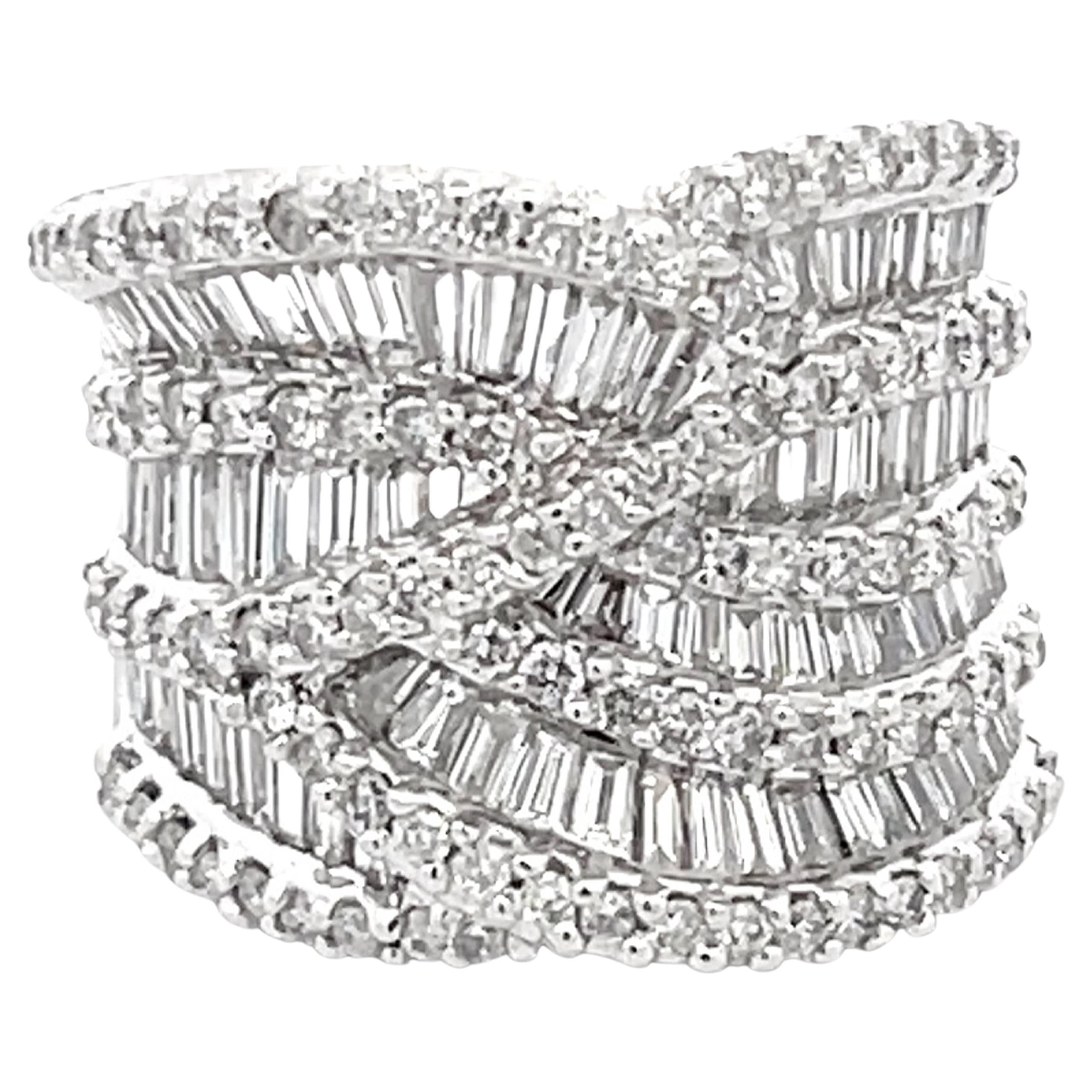 Baguette and Round Diamond Saddle Criss Cross Ring in 18k White Gold For Sale
