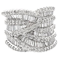 Baguette and Round Diamond Saddle Criss Cross Ring in 18k White Gold