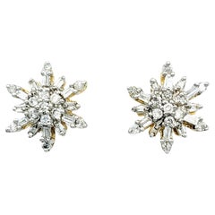 Baguette and Round Diamond Snowflake Stud Earrings Set in 14 Karat Two-Tone Gold