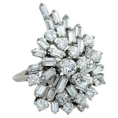 Baguette and Round Diamond Stacked Cluster Cocktail Ring in 18 Karat White Gold
