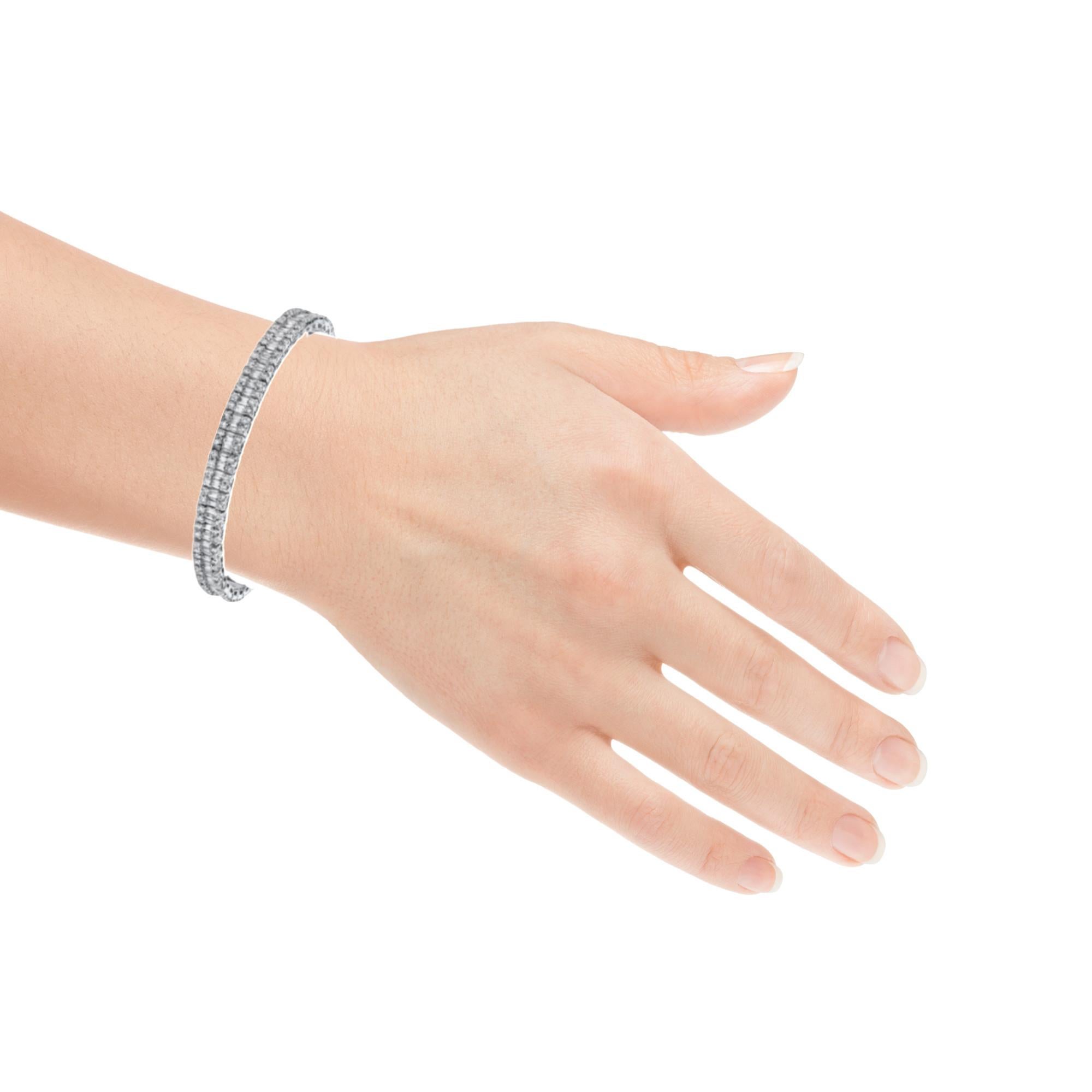 Women's Baguette and Round Diamond Tennis Bracelet, 7.29 Carats Total in White Gold For Sale