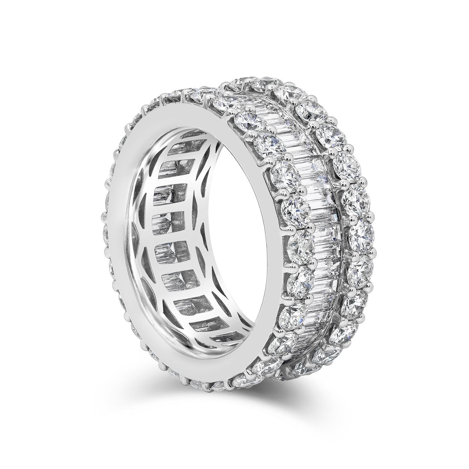 An appealing eternity wedding band showcasing 5.82 carats total diamonds. Set in the center are beautifully matched baguette diamonds weighing 1.96 carats total, Flanked on each side is a row of brilliant round diamonds weighing 3.86 carats total.