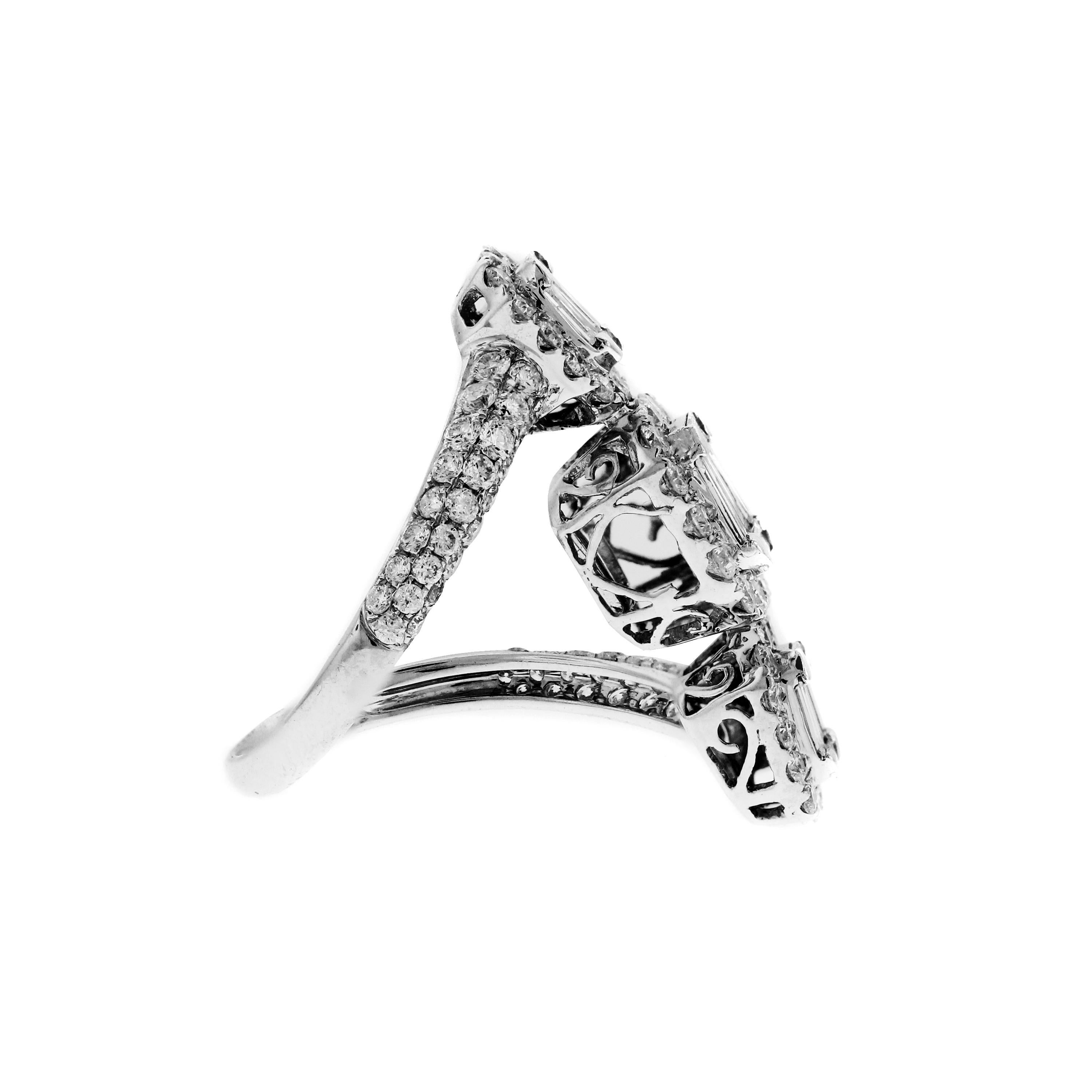 Baguette Cut Baguette and Round Diamond White Gold Bypass Ring