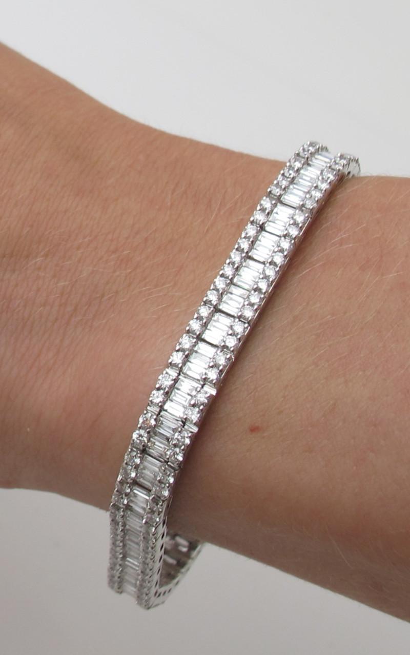 Artisan Baguette and Round Diamond Tennis Bracelet, 7.29 Carats Total in White Gold For Sale