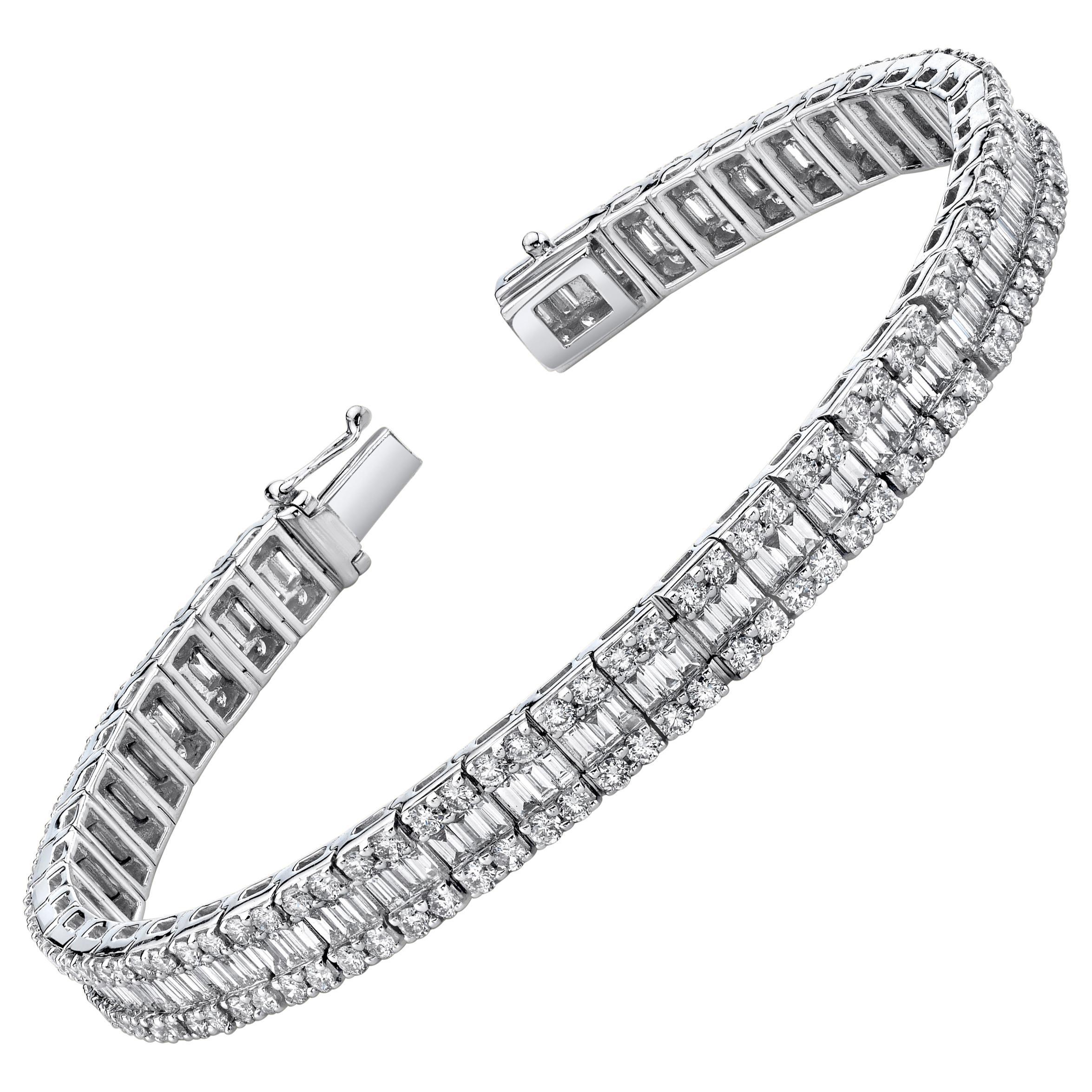 Baguette and Round Diamond Tennis Bracelet, 7.29 Carats Total in White Gold For Sale
