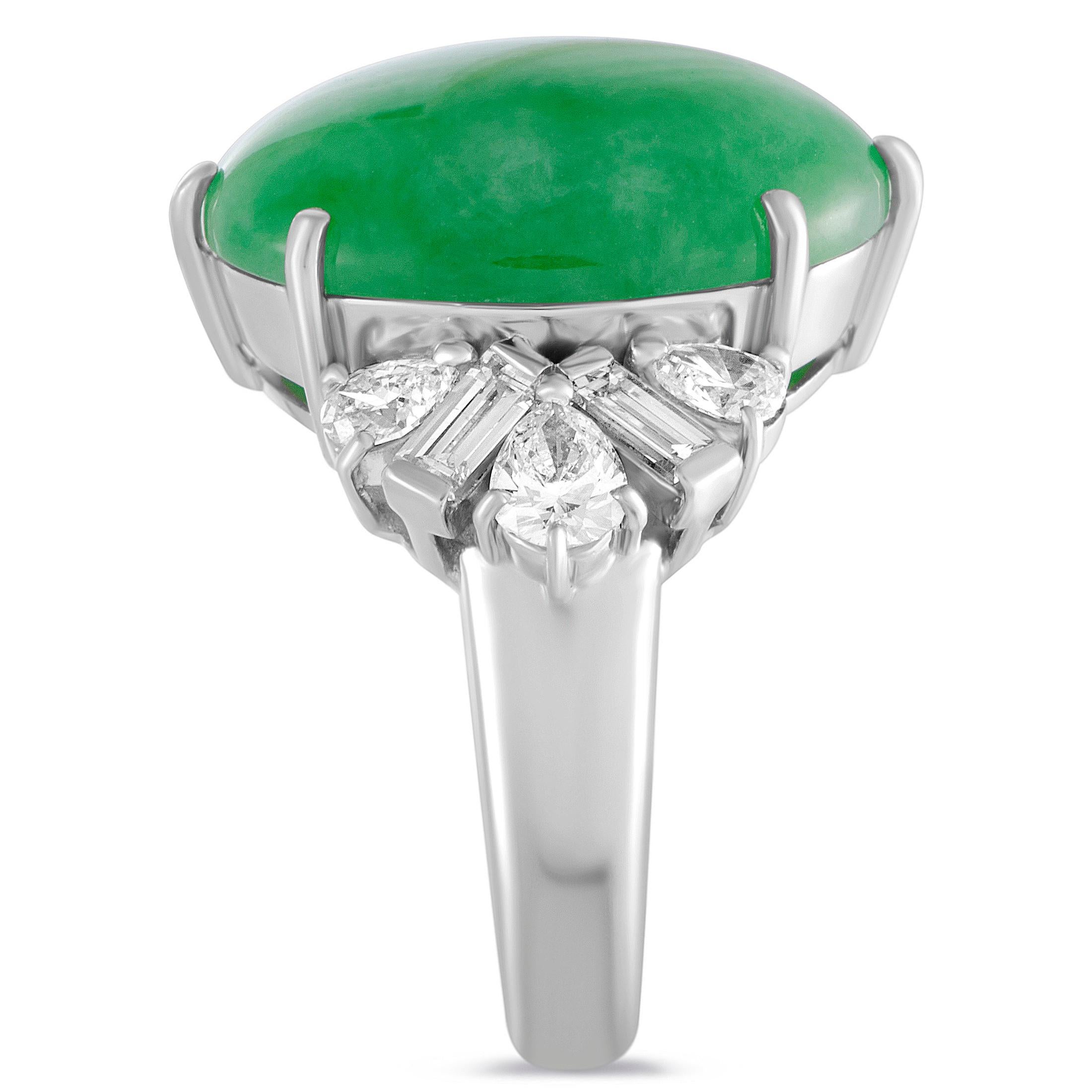 Asscher Cut Baguette and Round Diamonds Jade Dome Platinum Ring