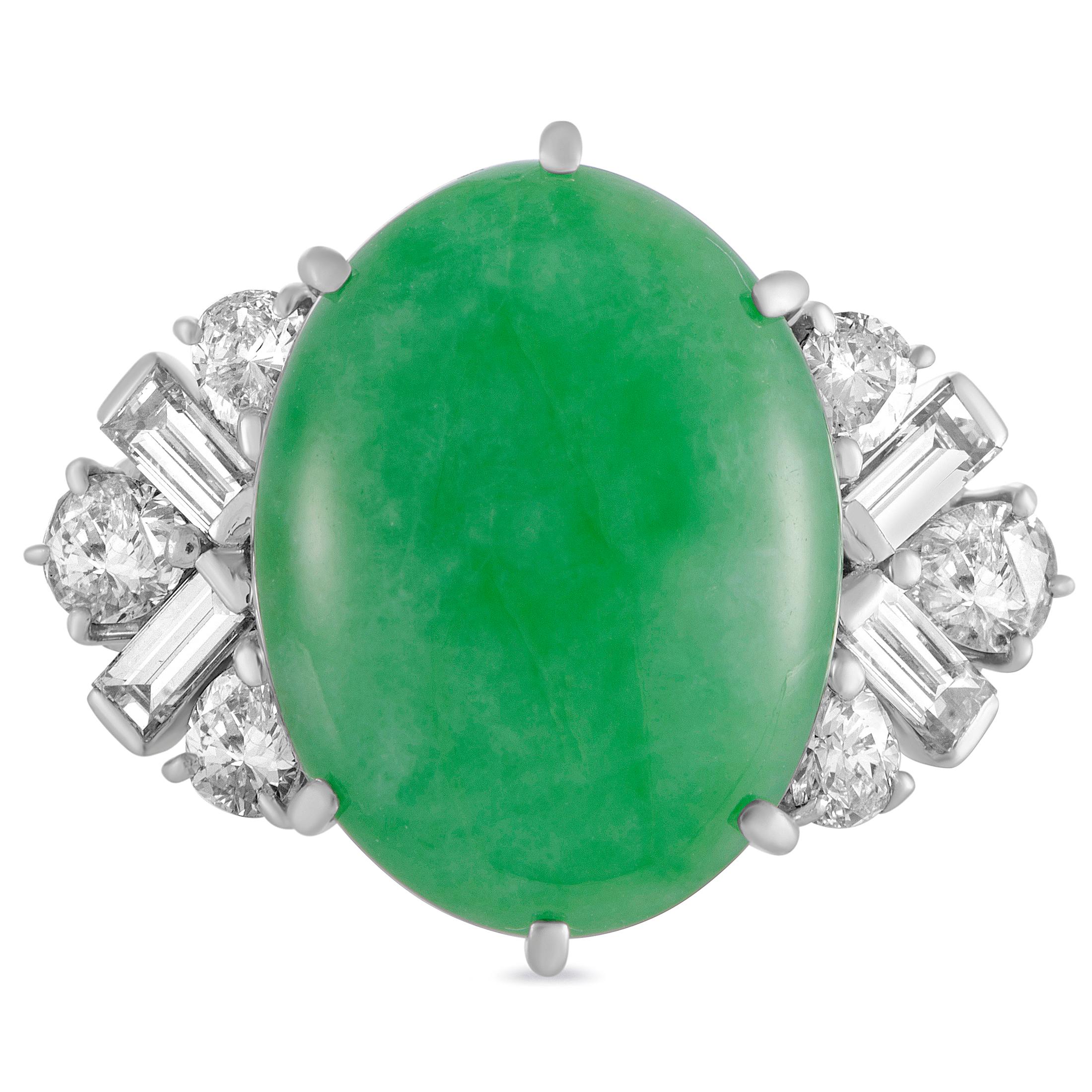 Baguette and Round Diamonds Jade Dome Platinum Ring In Excellent Condition In Southampton, PA