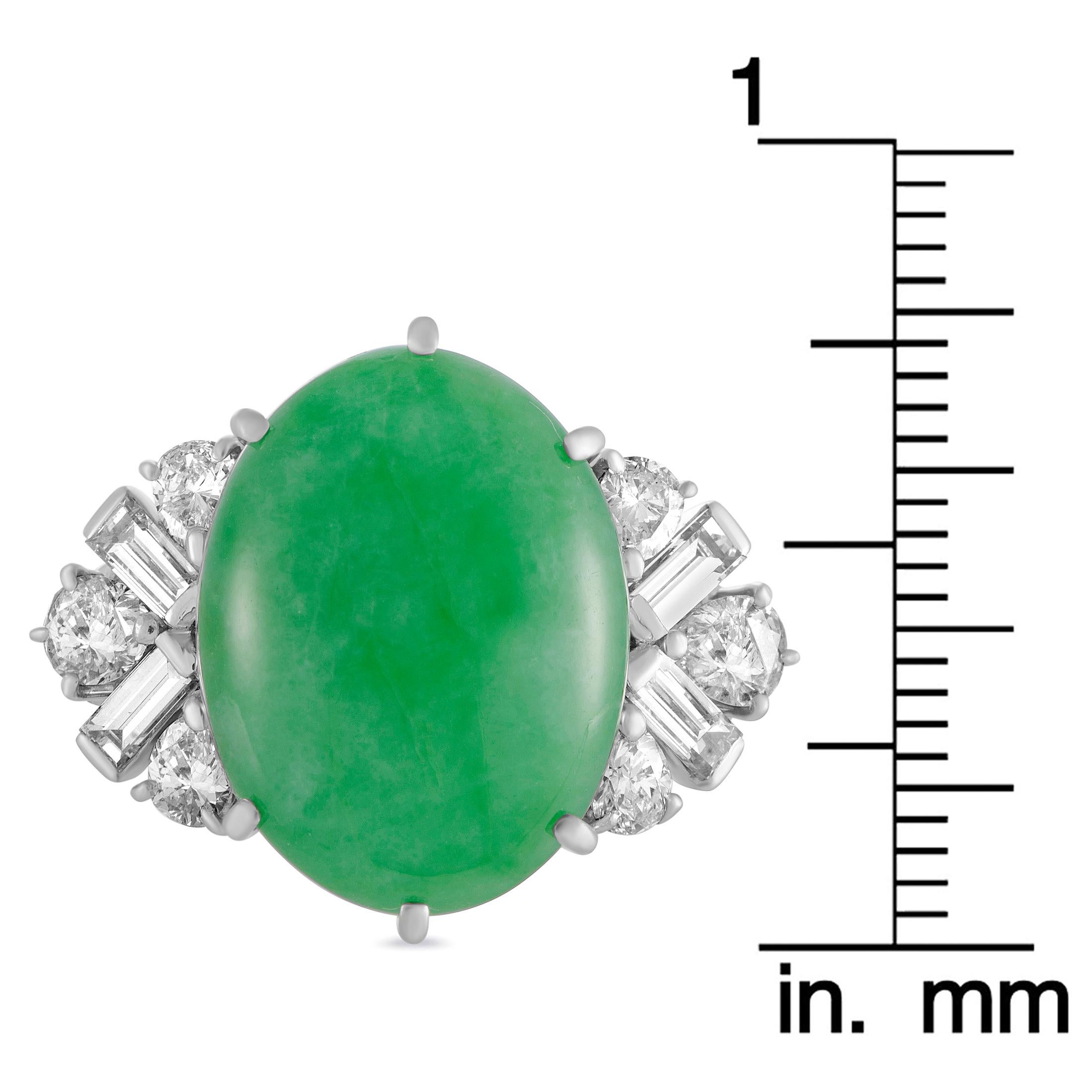 Baguette and Round Diamonds Jade Dome Platinum Ring 2