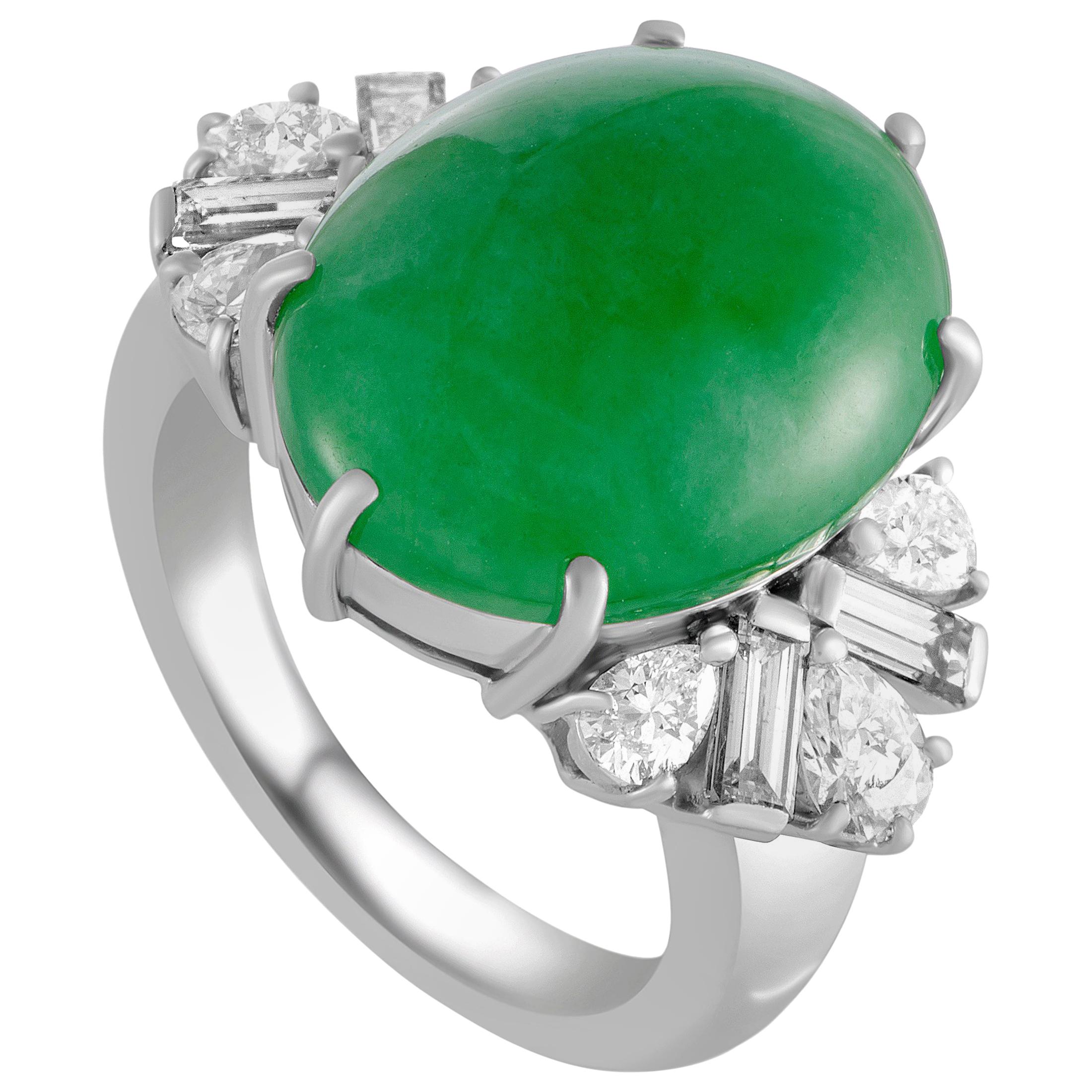 Baguette and Round Diamonds Jade Dome Platinum Ring