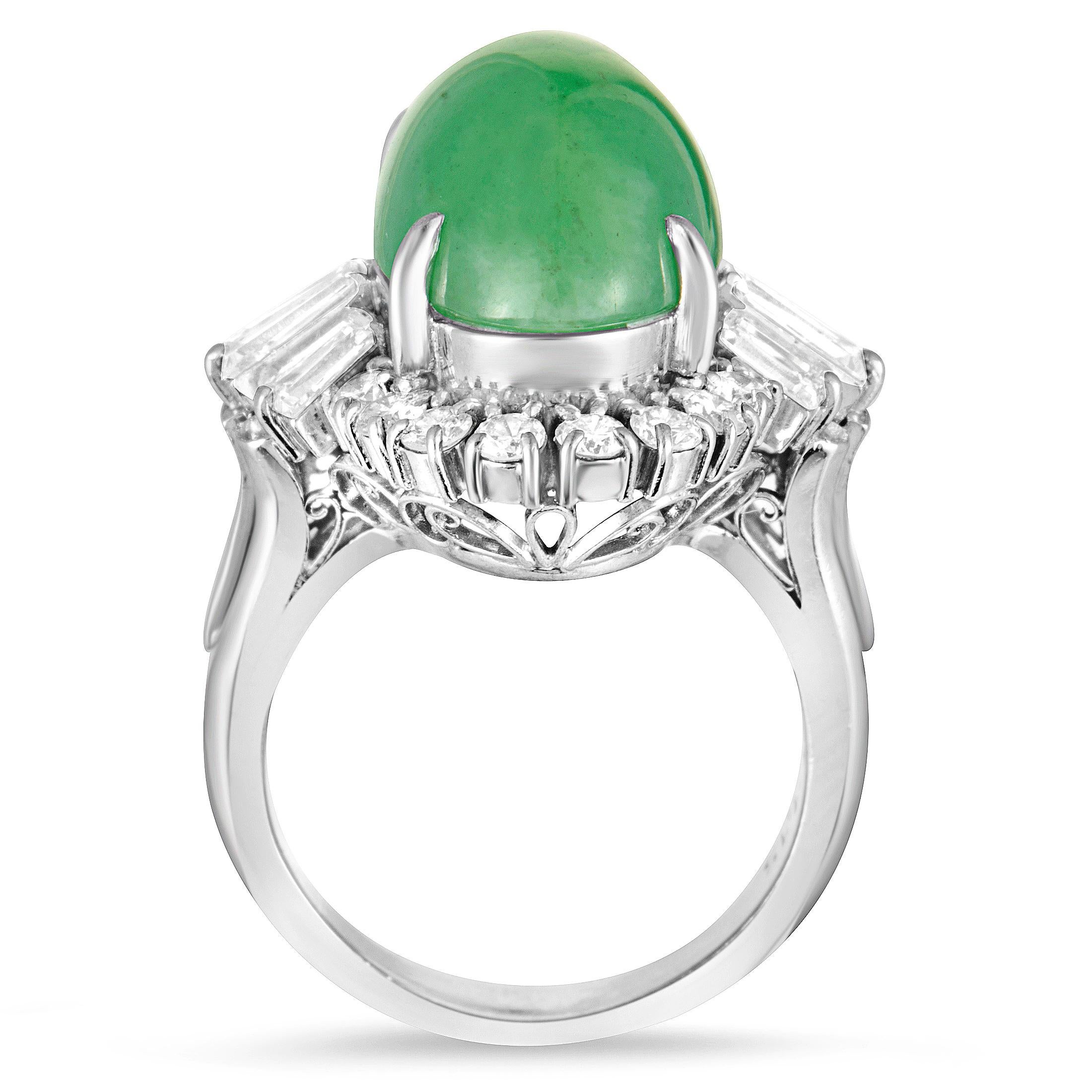 Standing out amidst a plethora of resplendent diamonds, the stunning green jade gives a compelling look to this magnificent ring. The ring is wonderfully made of platinum and it is set with a total of 1.15 carats of diamonds, while the jade weighs