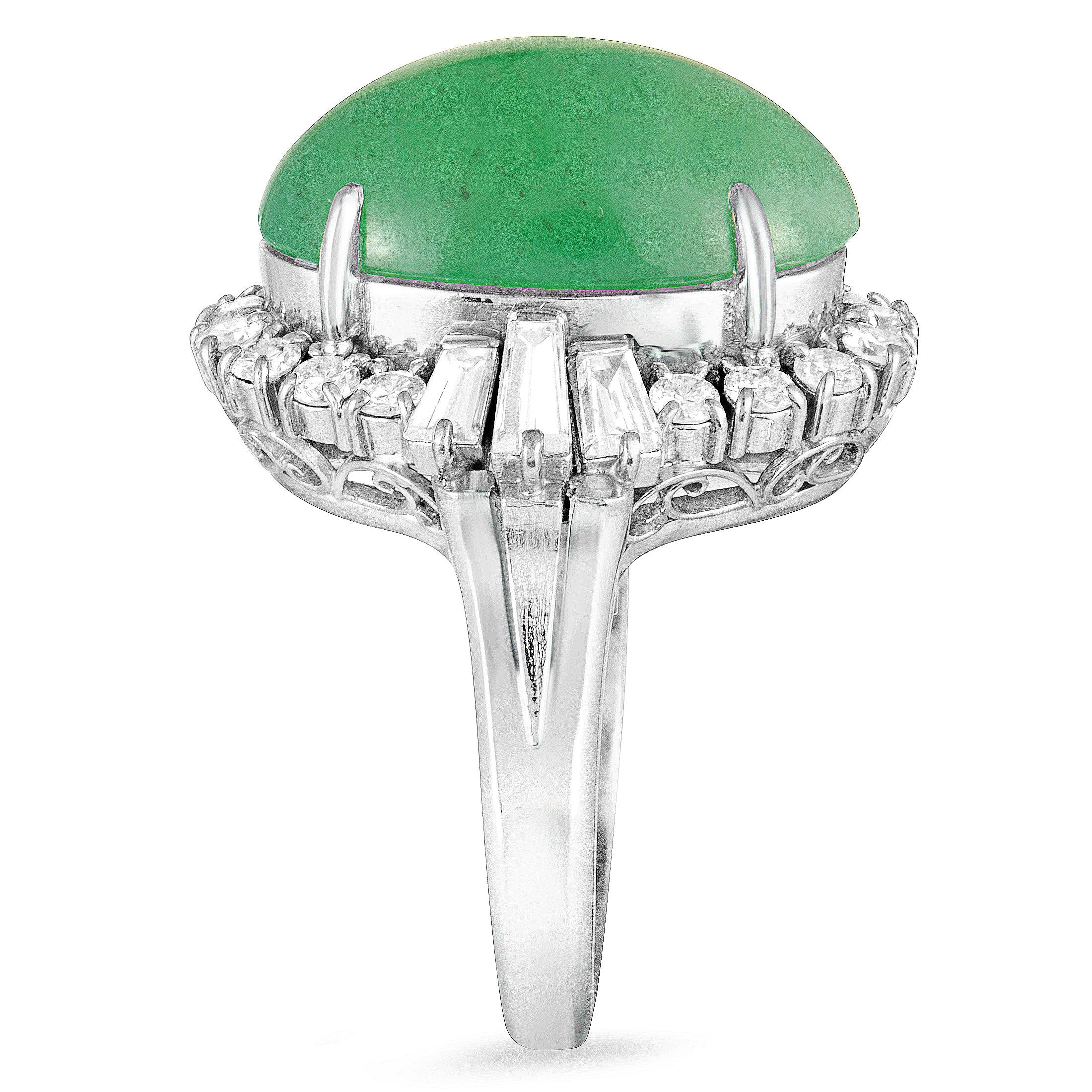 Baguette and Round Diamonds Jade Platinum Dome Ring In Excellent Condition In Southampton, PA