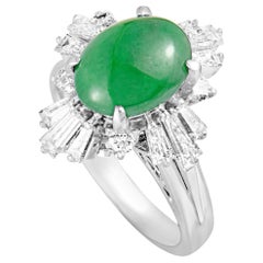 Baguette and Round Diamonds Oval Jade Platinum Ring