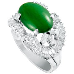 Baguette and Round Diamonds Oval Jade Platinum Ring