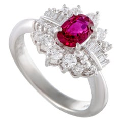 Baguette and Round Diamonds Oval Ruby Platinum Ring