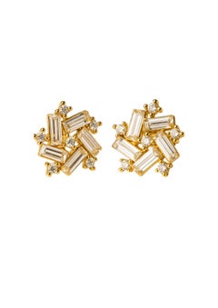 Baguette and round moissanite 14 gold earrings studs.