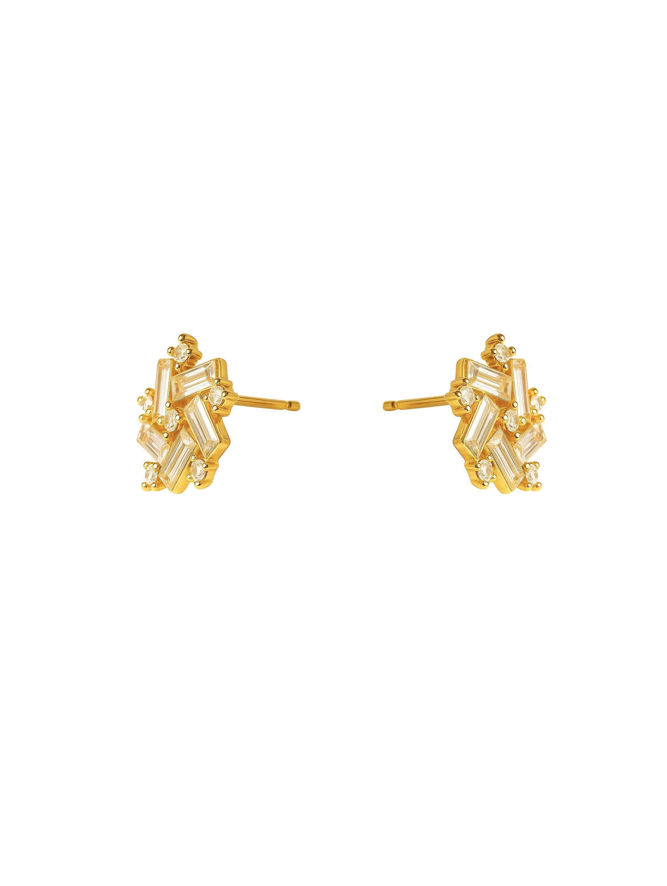Moderno Baguette and round moissanite 14 gold earrings studs. in vendita