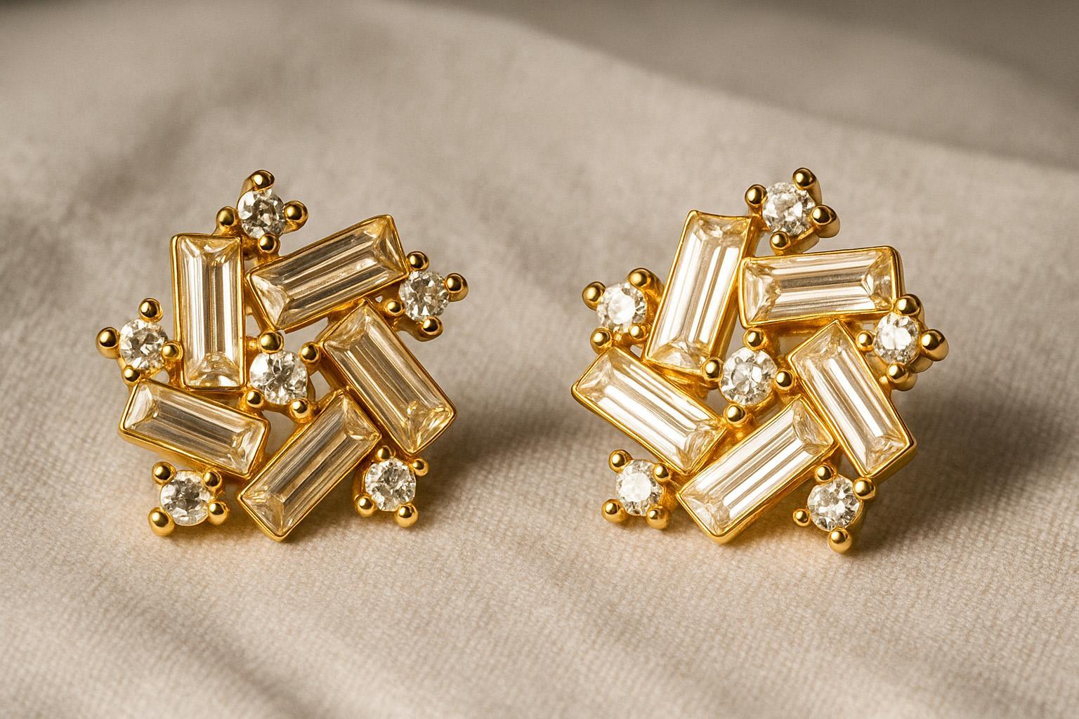 Baguette and round moissanite 14 gold earrings studs. in vendita 2