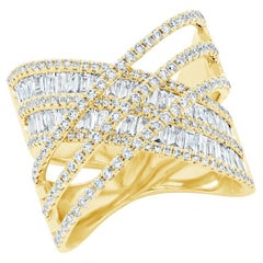 Baguette and Round Multi Row 1.77 Carat Diamond Yellow Gold Crossover Ring