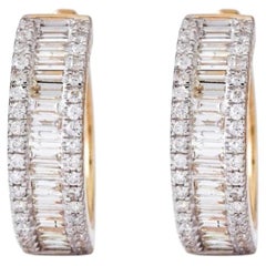 Baguette and Round Natural Diamond Hoop Earrings in 14K Solid Gold (Certified)