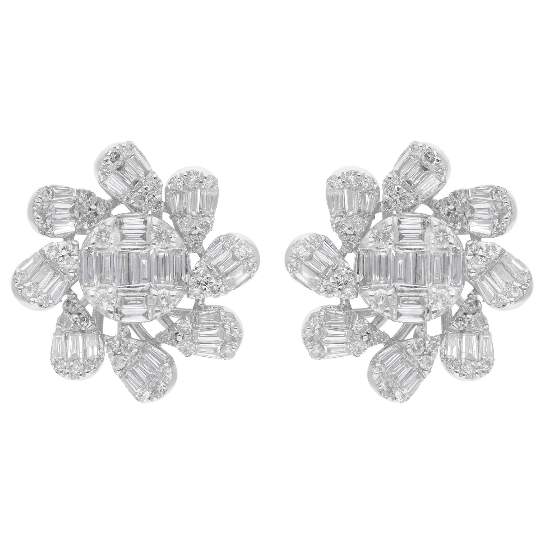 Baguette and Round SI/H 1.56Ct Diamond Stud Earrings 14K White Gold Fine Jewelry For Sale