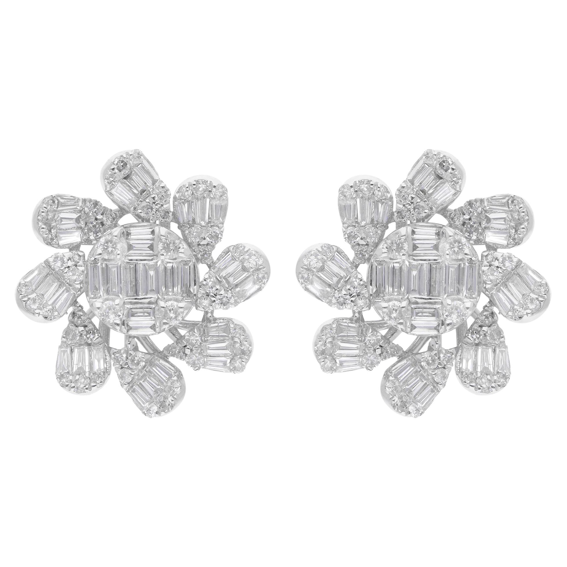 Baguette and Round SI/H 1.56Ct Diamond Stud Earrings 18K White Gold Fine Jewelry