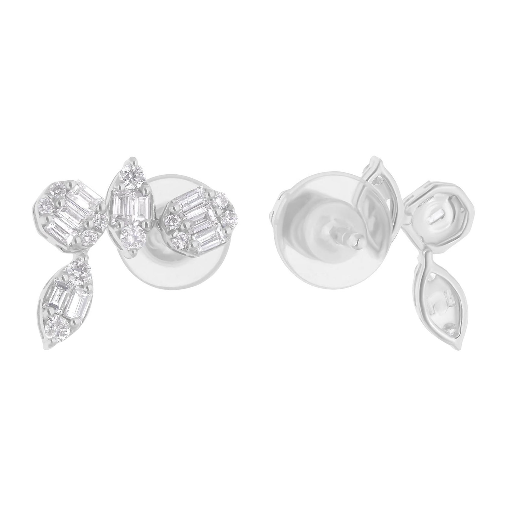 Baguette and Round SI/H Diamond Stud Earrings 14K White Gold Fine Jewelry