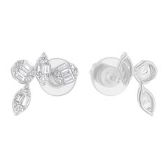 Baguette and Round SI/H Diamond Stud Earrings 14K White Gold Fine Jewelry