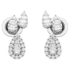 Baguette and Round SI/H Diamond Stud Earrings 14K White Gold Fine Jewelry