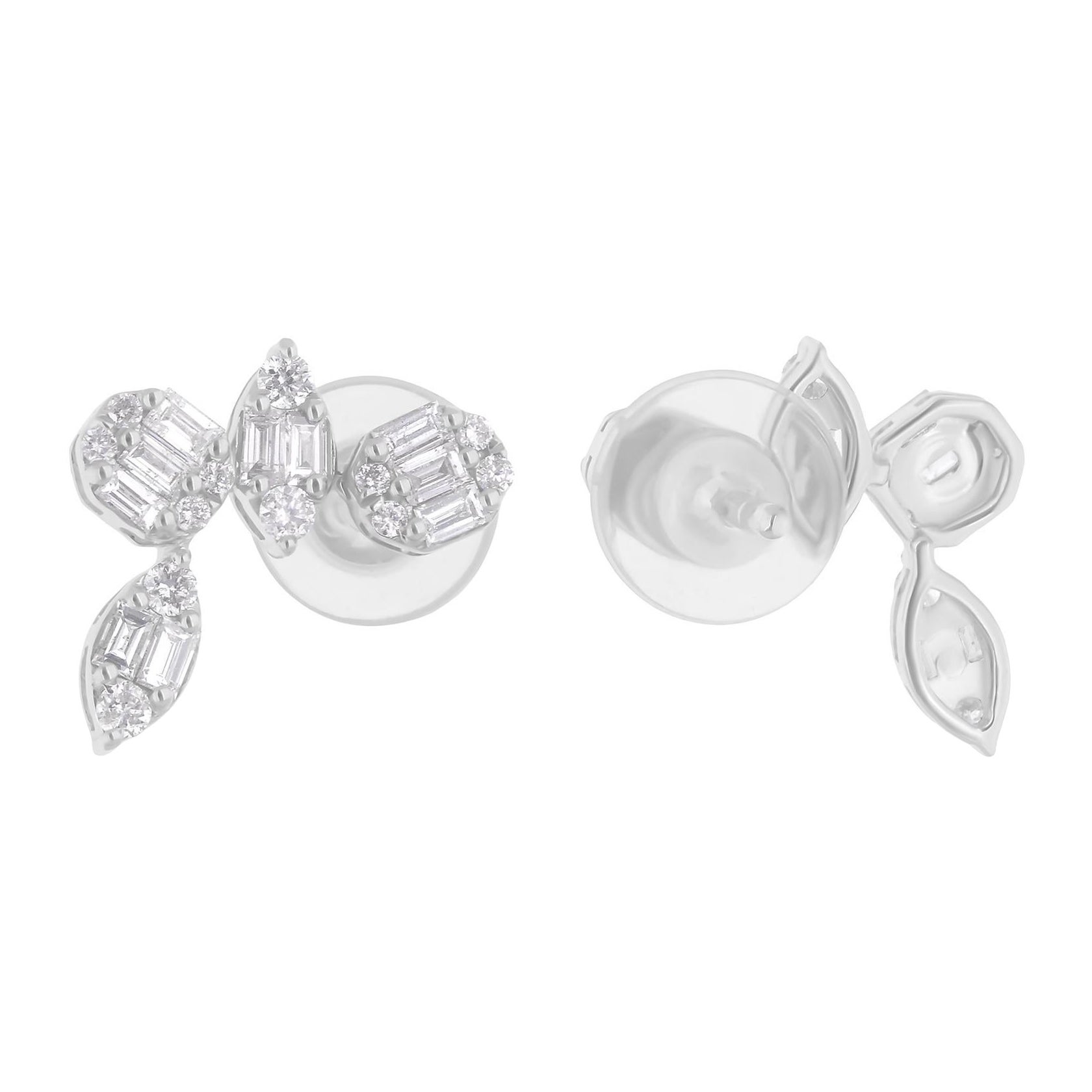 Baguette and Round SI/H Diamond Stud Earrings 18K White Gold Fine Jewelry