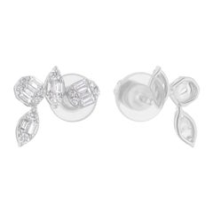 Baguette and Round SI/H Diamond Stud Earrings 18K White Gold Fine Jewelry