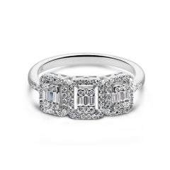 Baguette and Round SI/H Diamond Trio Square Halo Engagement Ring 14K White Gold