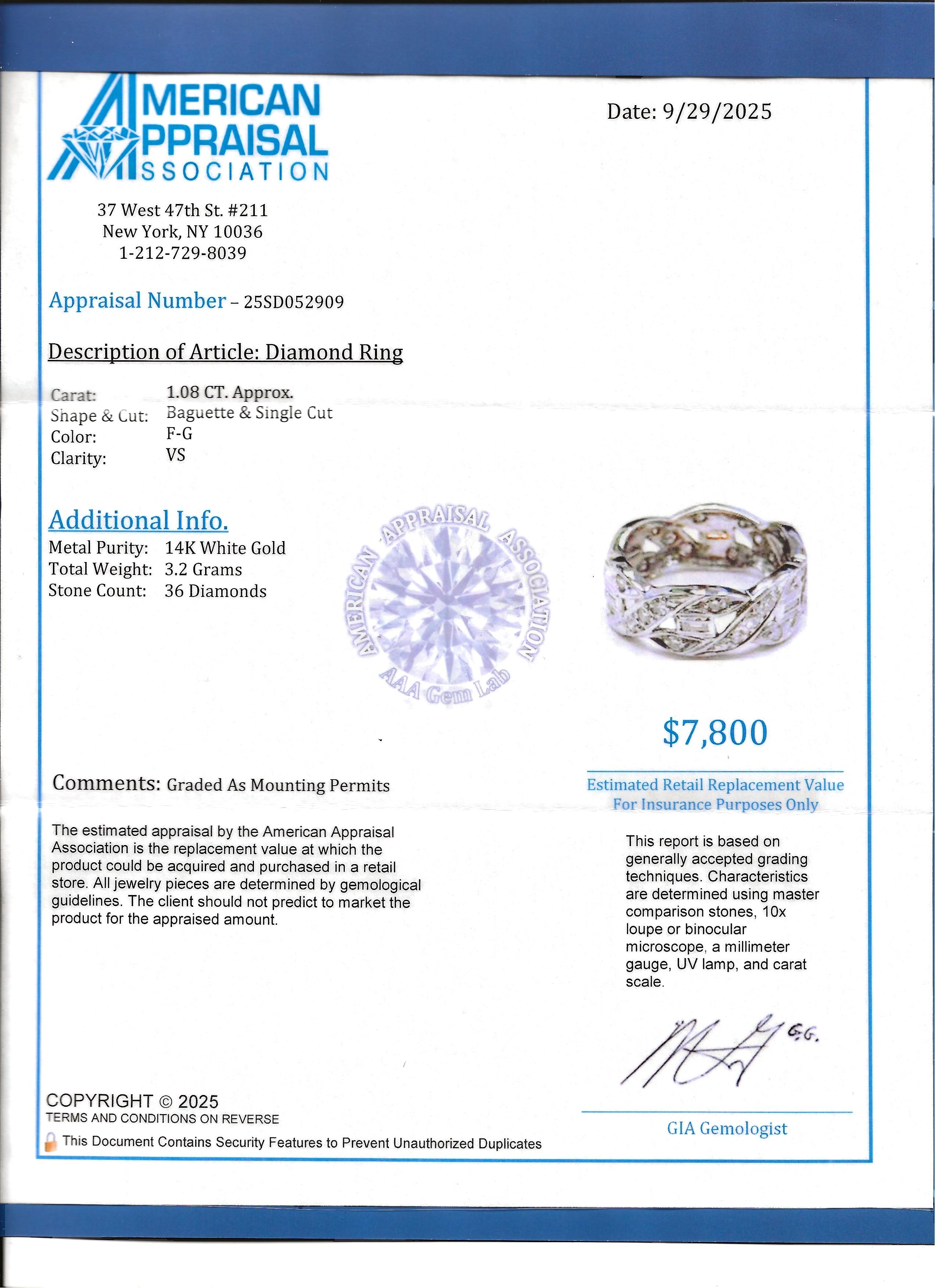 Baguette und Diamant im Einzelschliff geflochtener Bandring aus 14 Karat Weißgold im Angebot 1