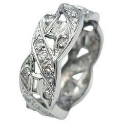 Baguette and Single Cut Diamond Woven Cutout Band Ring in 14 Karat White Gold