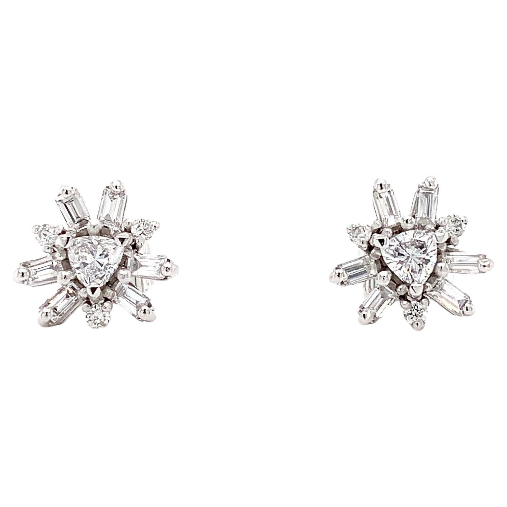 Baguette and trillion diamond art deco stud earrings platinum For Sale