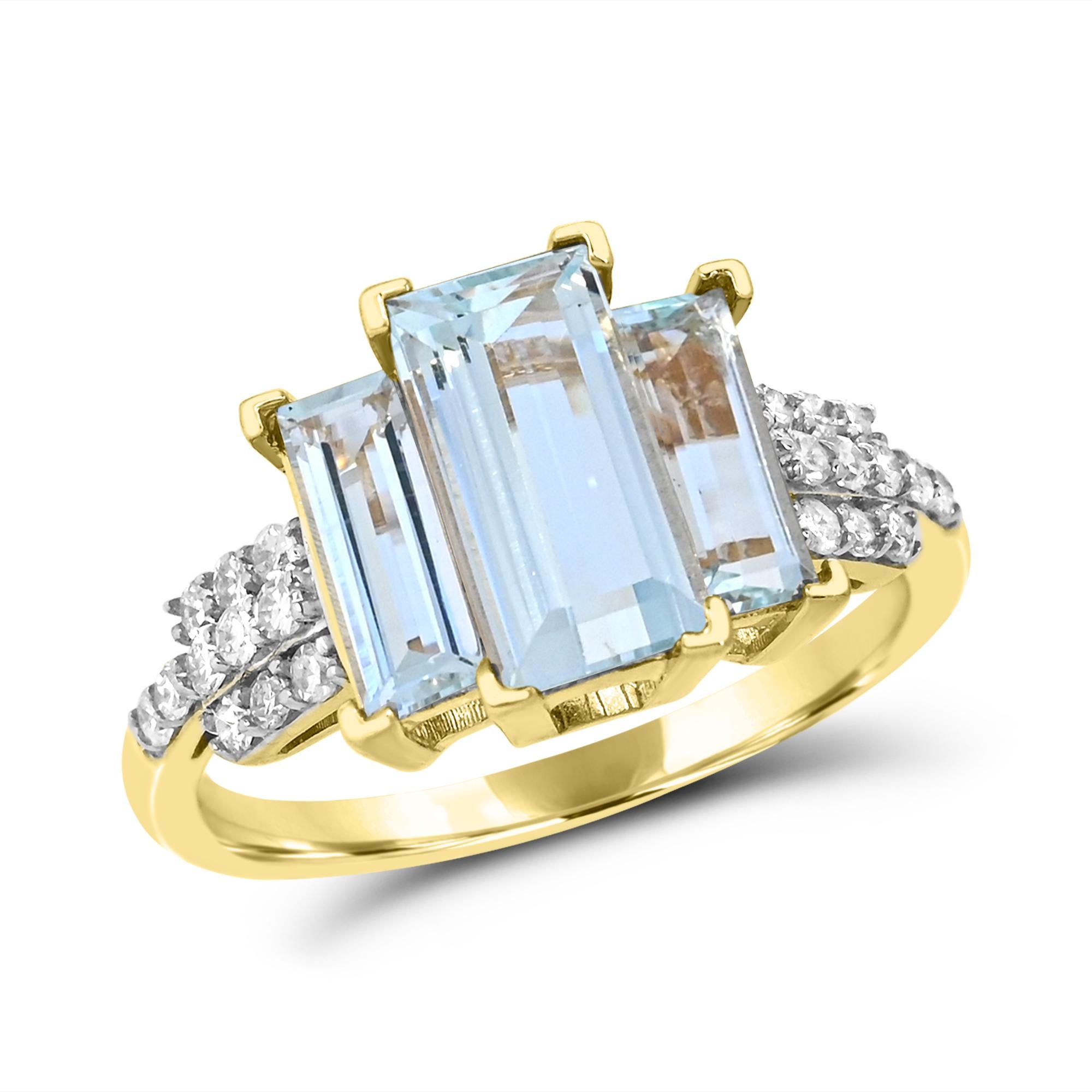 Contemporary Baguette Aquamarine with Diamond Accent Three-Stone 14K Yellow Gold Ring For Sale