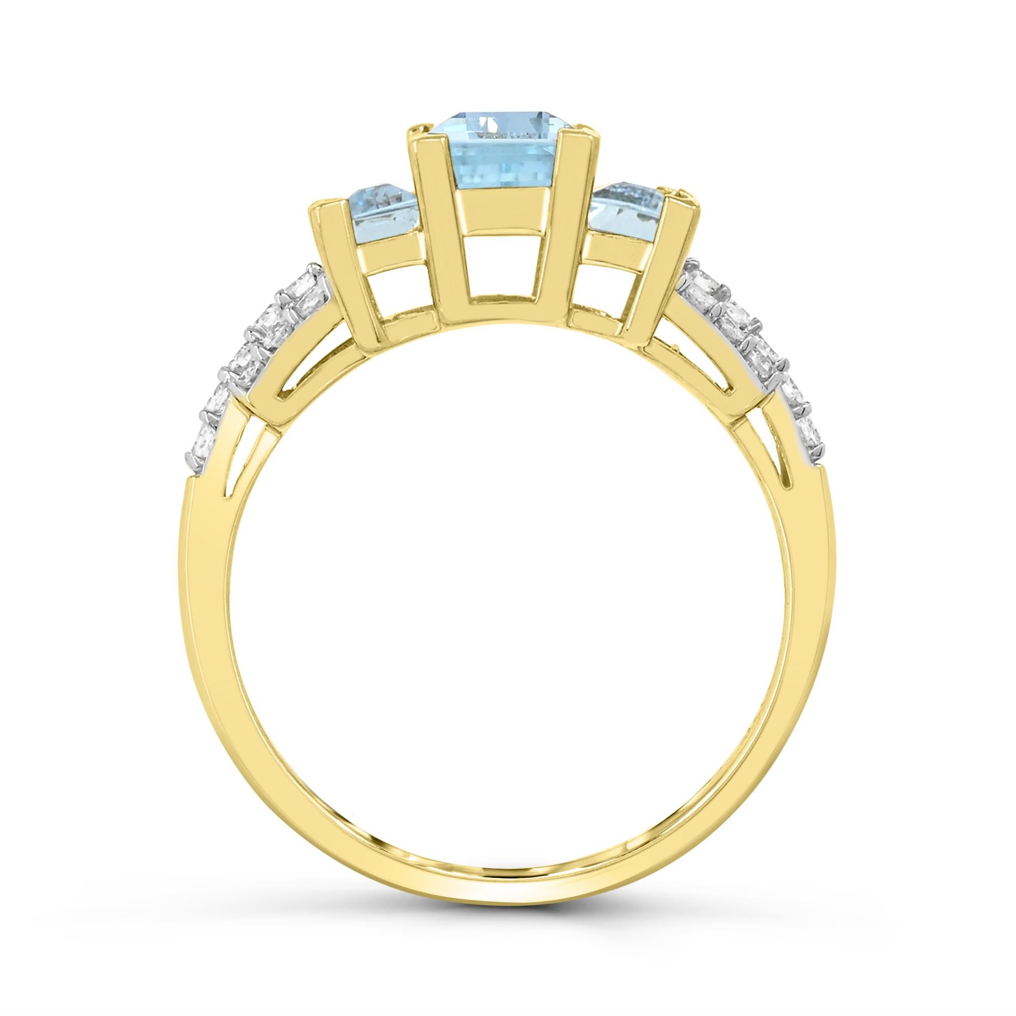 Ring aus 14 Karat Gelbgold mit drei Steinen, Baguette-Aquamarin und Diamant-Akzent (Baguetteschliff) im Angebot