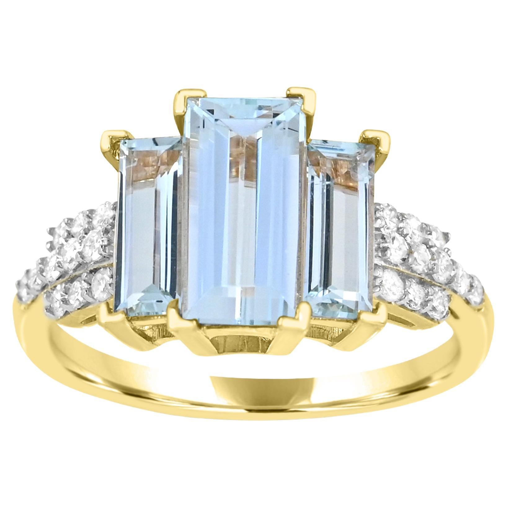 Baguette Aquamarine with Diamond Accent Three-Stone 14K Yellow Gold Ring For Sale