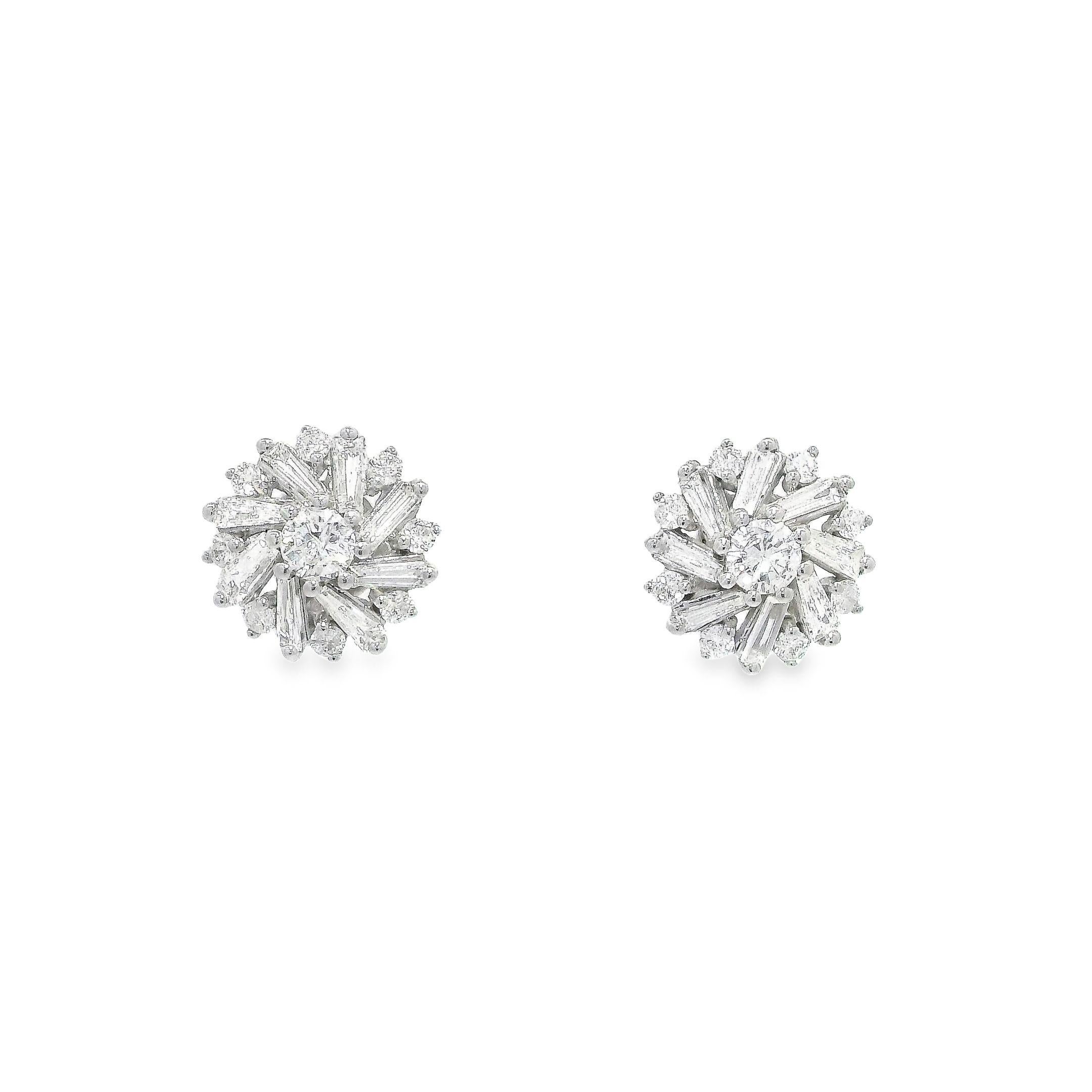 Contemporary Baguette around Brilliant Round Diamond Stud Earrings in 18K White Gold