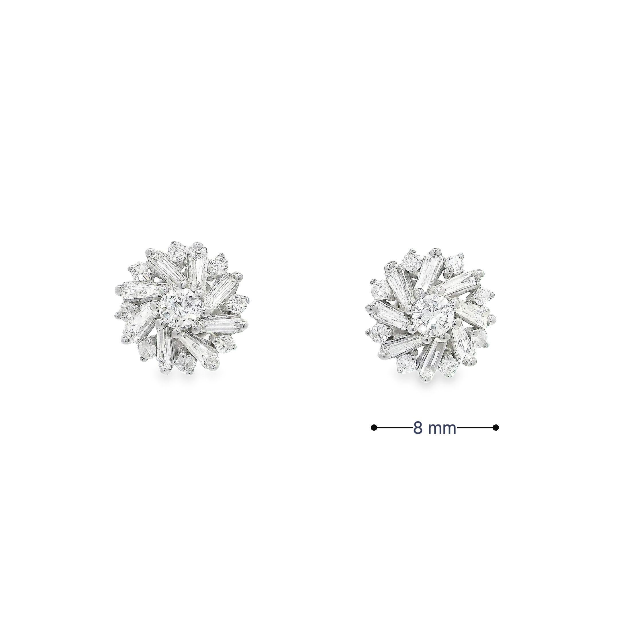 Round Cut Baguette around Brilliant Round Diamond Stud Earrings in 18K White Gold