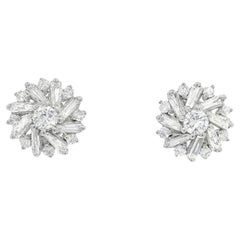 Baguette around Brilliant Round Diamond Stud Earrings in 18K White Gold