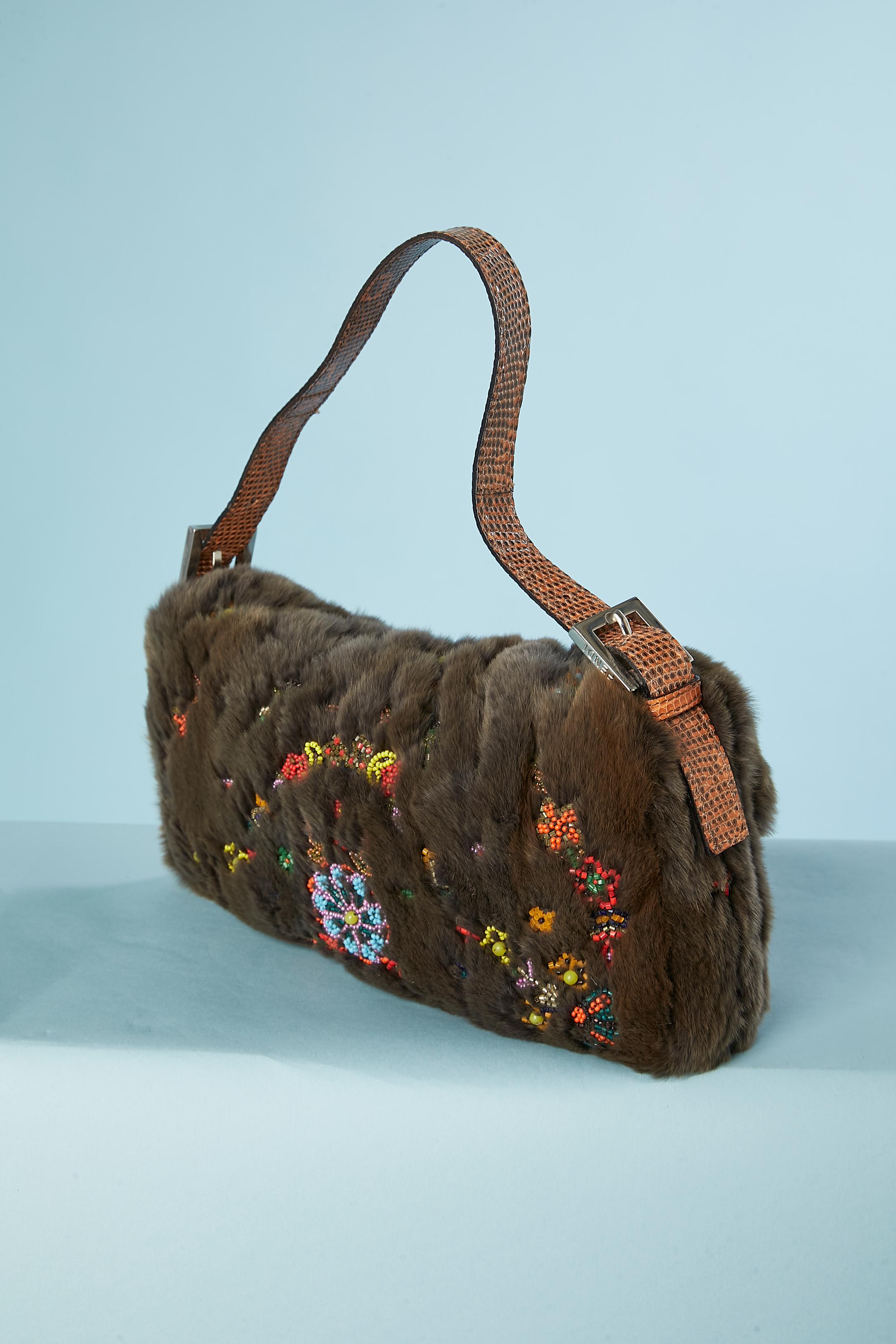 Black Baguette bag in brown fur, python leather and beads FENDI  For Sale