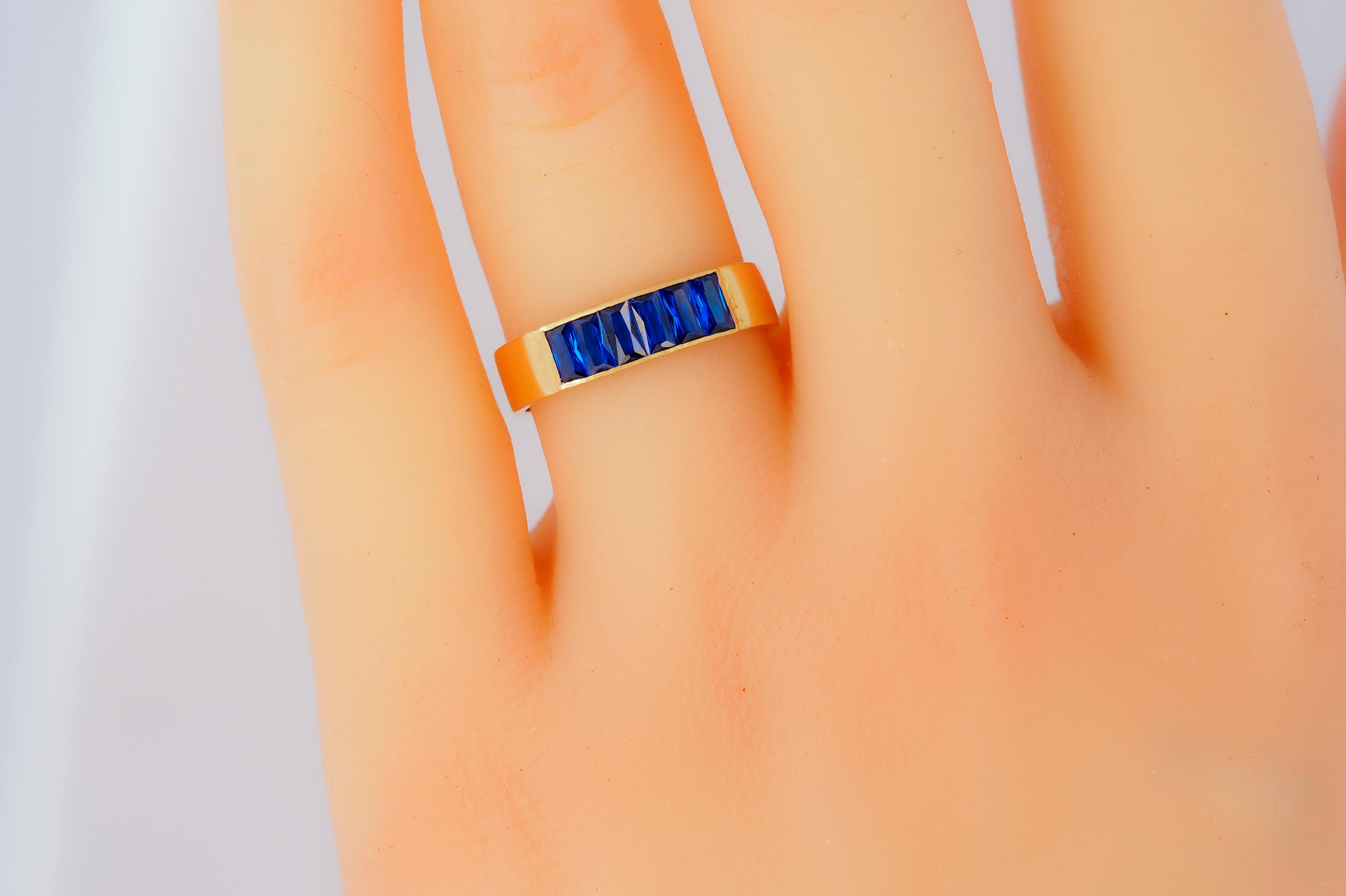 Baguette blue gemstones 14k gold half eternity ring. 14k gold ring with lab blue sapphires.  Minimalist sapphire mens, unisex ring. Birthstone Rings For Men. Semi-eternity gold ring.

Metal: 14k gold
Weight: 2 gr depends from size.

Gemstones:
lab