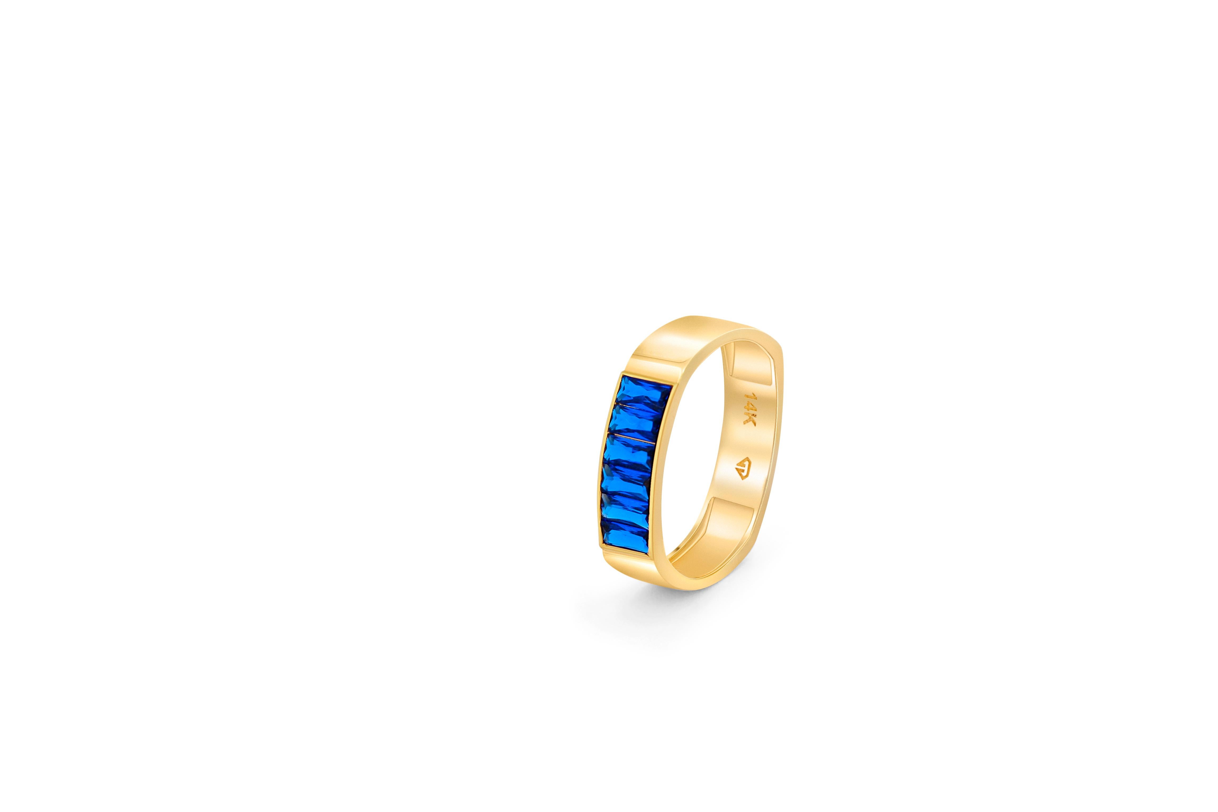 Baguette blue gemstones 14k gold half eternity ring In New Condition For Sale In Istanbul, TR