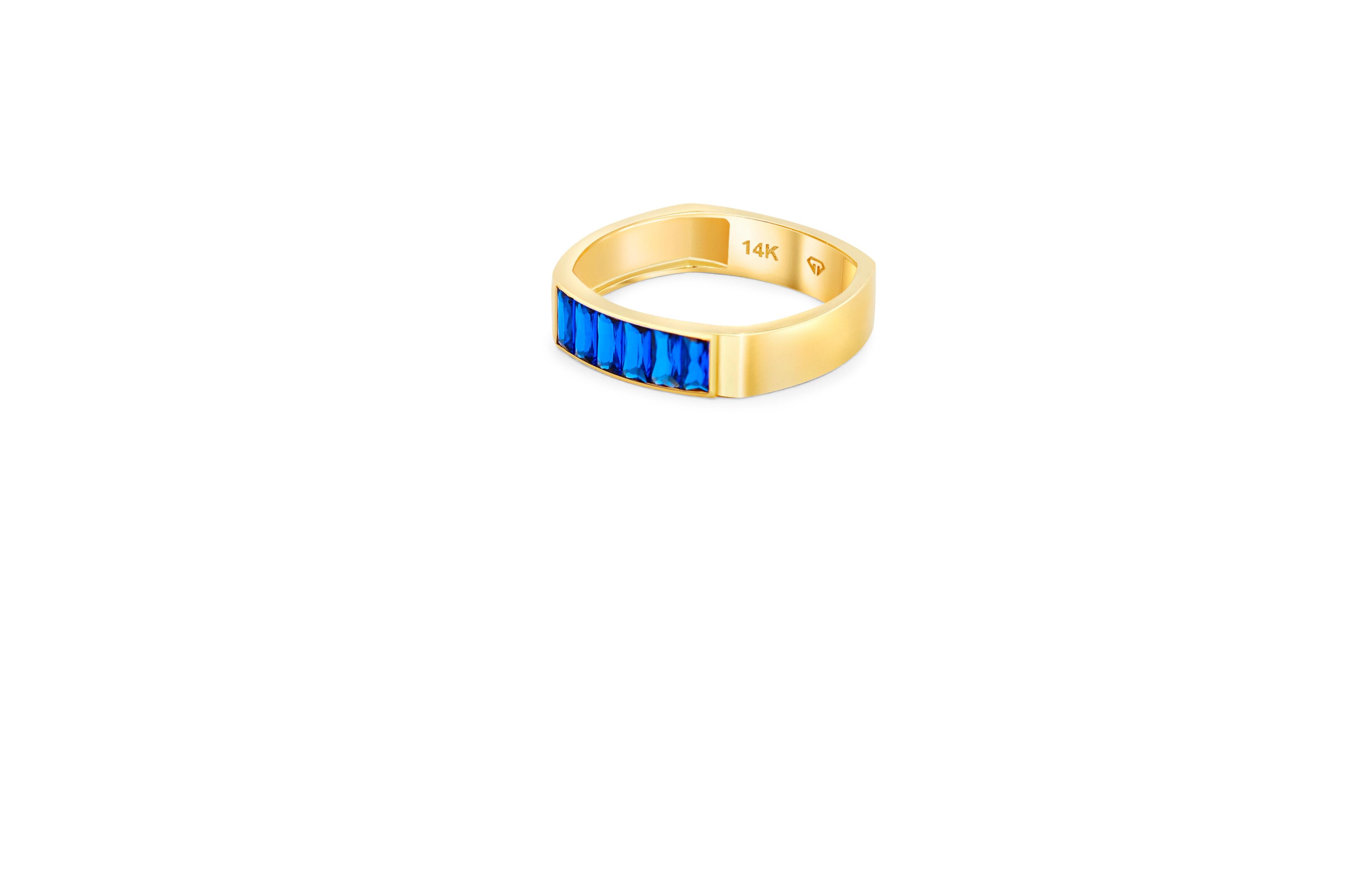 Women's or Men's Baguette blue gemstones 14k gold half eternity ring For Sale